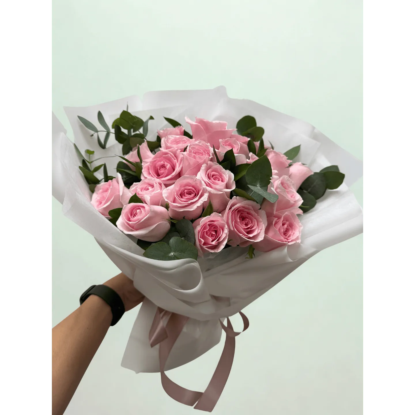 24 pink roses bouquet with foliage for Valentines day