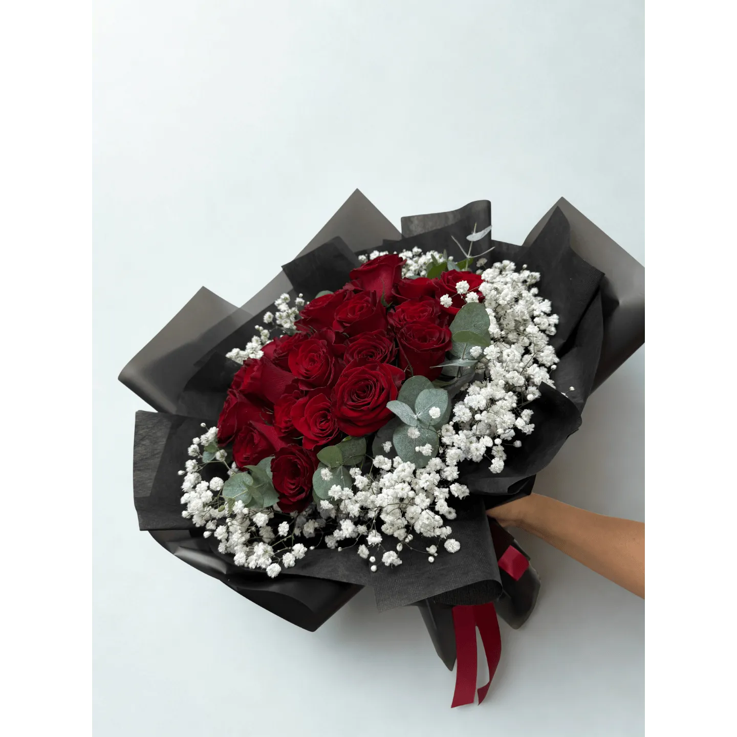 24 Red roses with baby breathe bouquet