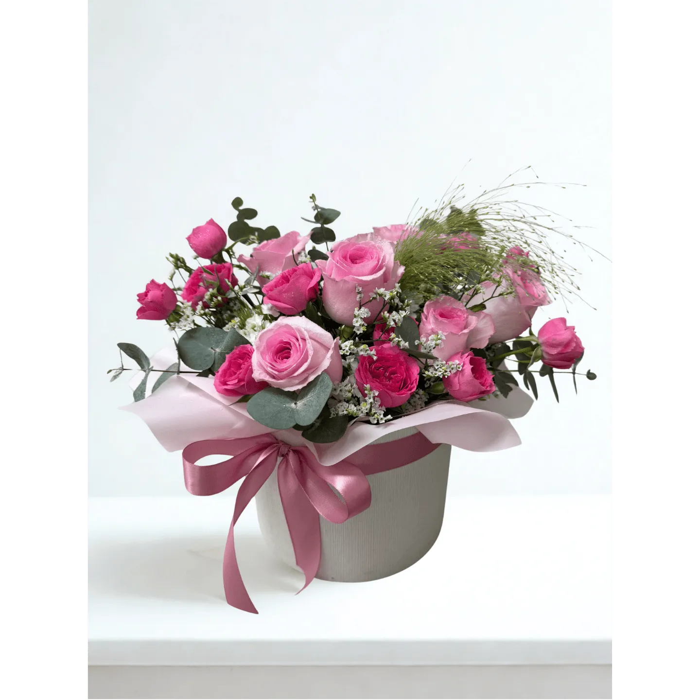 6 pink rose box hat flower