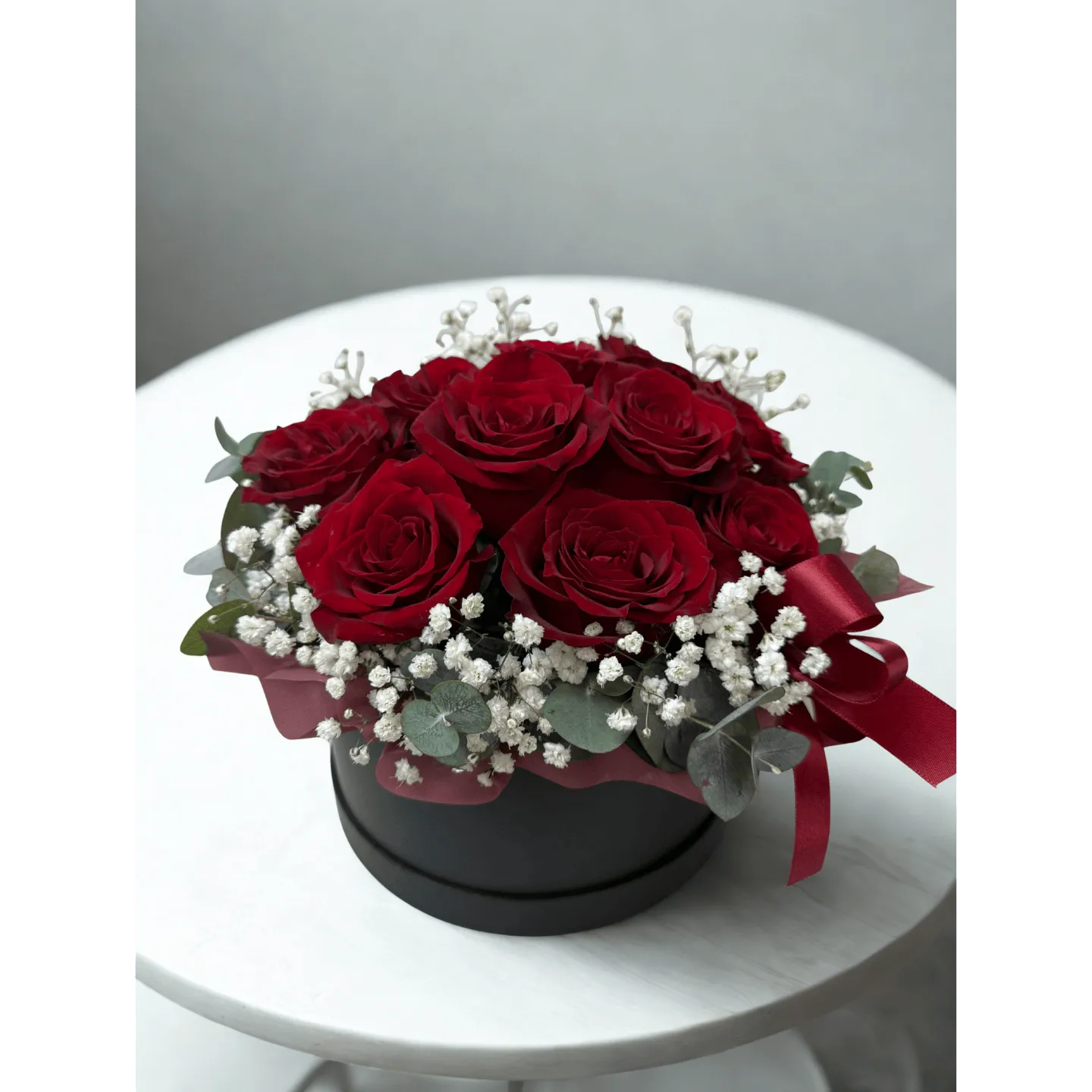 6 red rose box hat flower